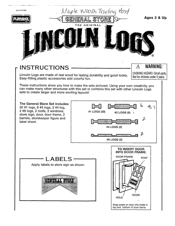 Lincoln Logs Maple Woods Trading Post 00992 instruction manual