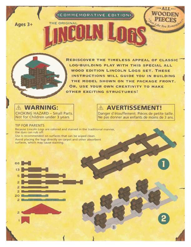 Lincoln Logs Commemorative Edition Older 00922 instruction manual
