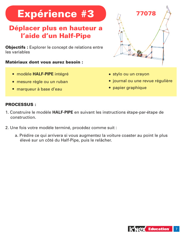 FRENCH Education STEM Explorations Roller Coaster Experiment 3 Half Pipe 77078 instruction manual