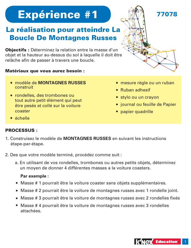 FRENCH Education STEM Explorations Roller Coaster Experiment 1 Coaster 77078 instruction manual