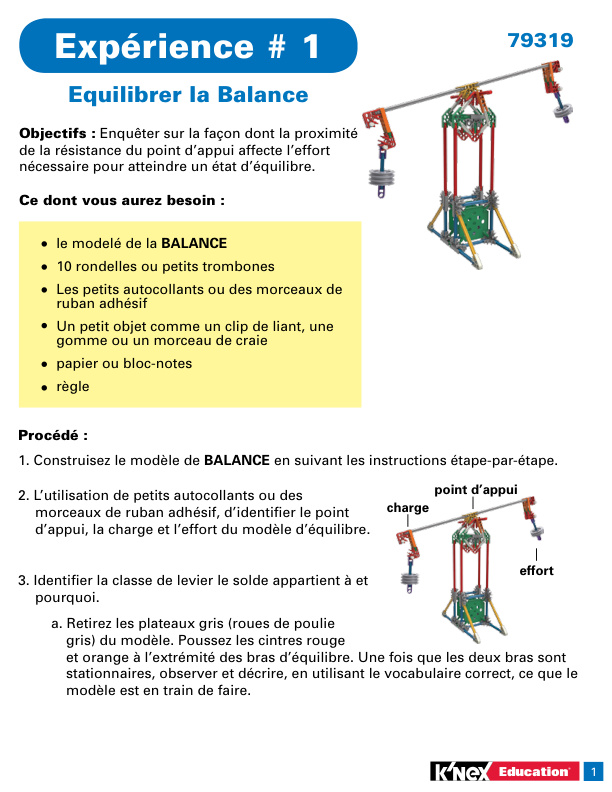 Education STEM Explorations Levers and Pulleys Experiment 1 French 79319 instruction manual